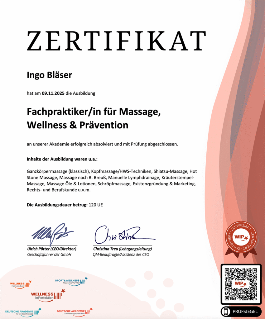Zertifikat Fachpraktiker/in für Massage, Wellness & Prävention