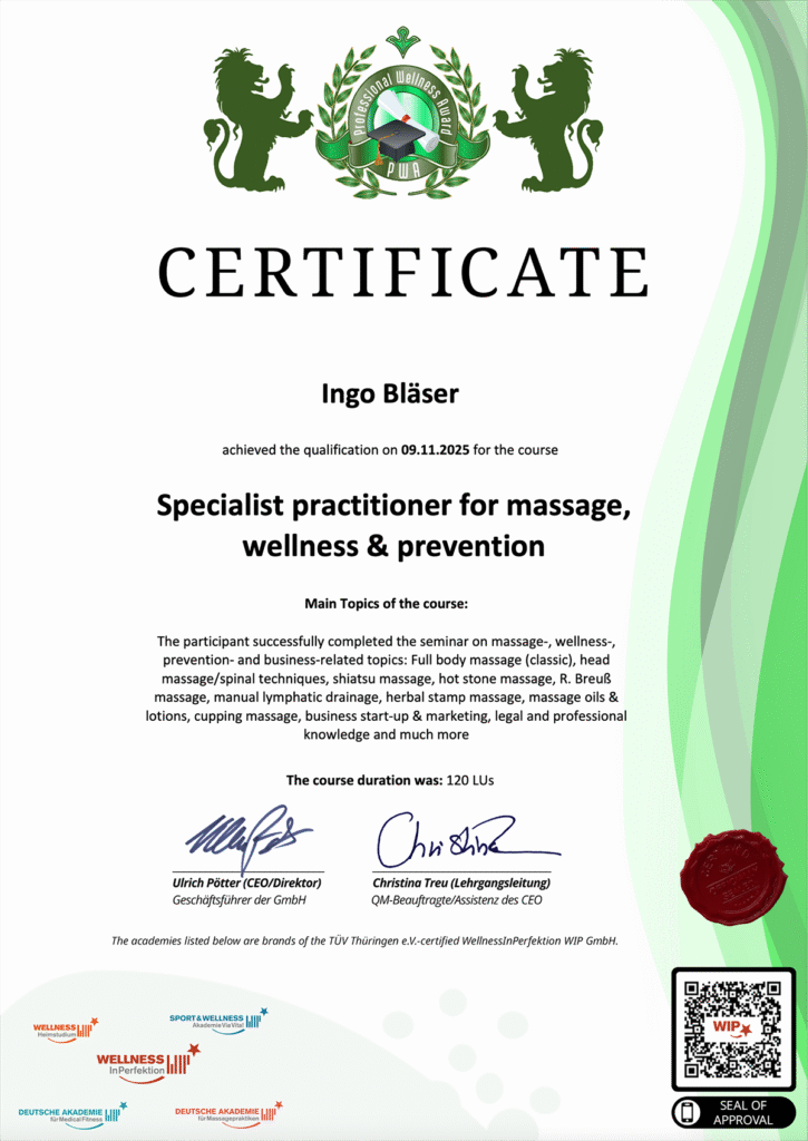 Certificate specialist practitioner for massage, wellness & prevention.