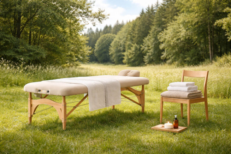Eine Massageliege auf einer Lichtung, Stuhl, Handtücher Massageöl