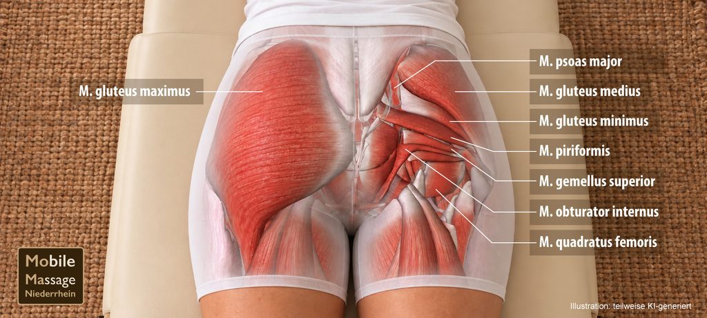 Anatomische Darstellung der Gesäß- und tiefen Hüftmuskulatur auf einer Massageliege