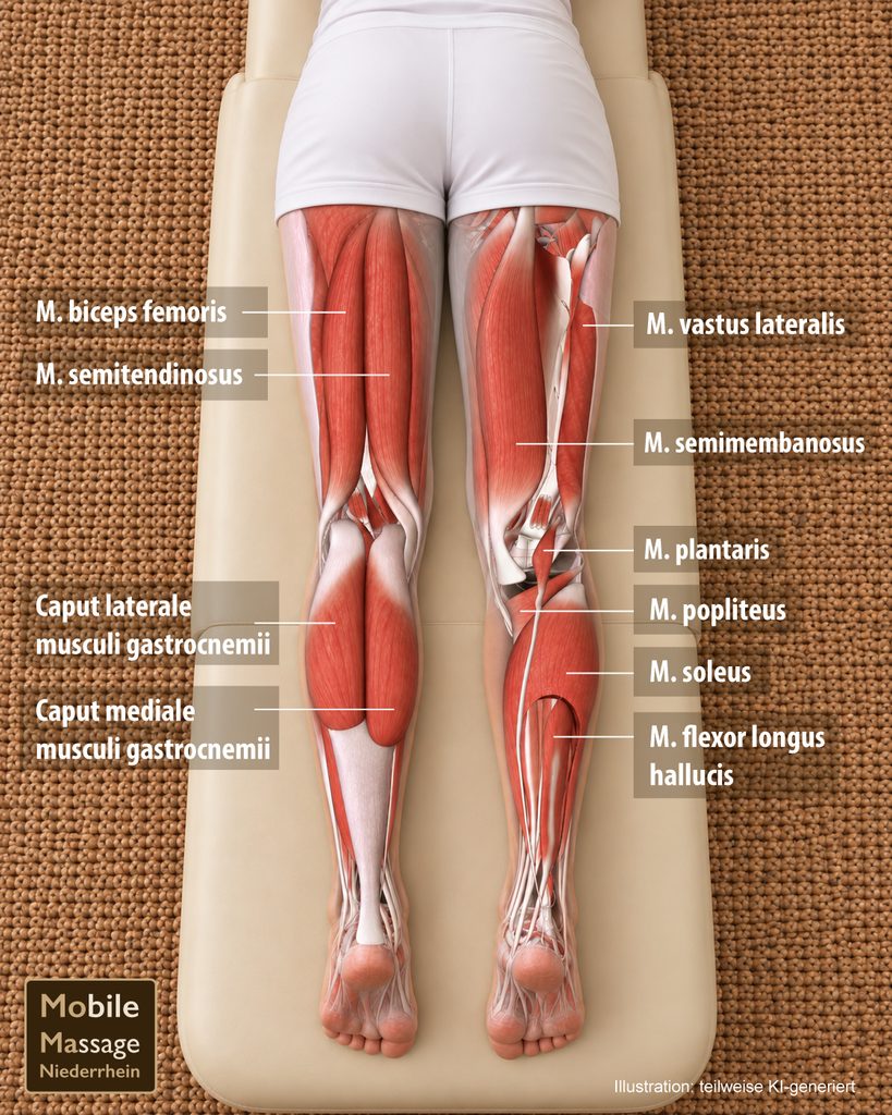 Anatomische Darstellung der rückseitigen Oberschenkel- und Wadenmuskulatur auf einer Massageliege
